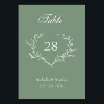 Sage Green Wedding Wreath Table Card Number<br><div class="desc">Guide your guests to the right table at your wedding with our elegant table cards.  Design features a hand drawn leafy wreath encircling wedding table number on a sage green background. . Personalize with your names and wedding date and table number. Design repeats on reverse side.</div>