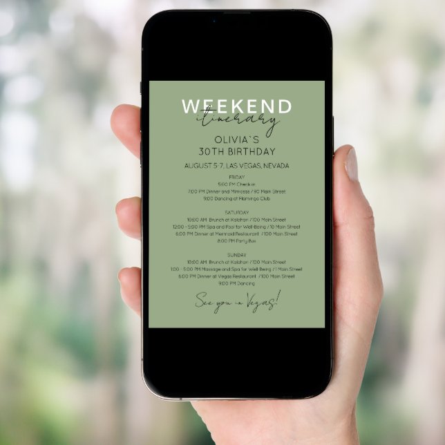 Sage Green Weekend Birthday Itinerary Invitation (Front Digital)
