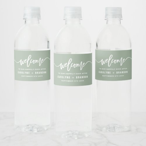 Sage Green Welcome Lettering Custom Wedding Water Bottle Label