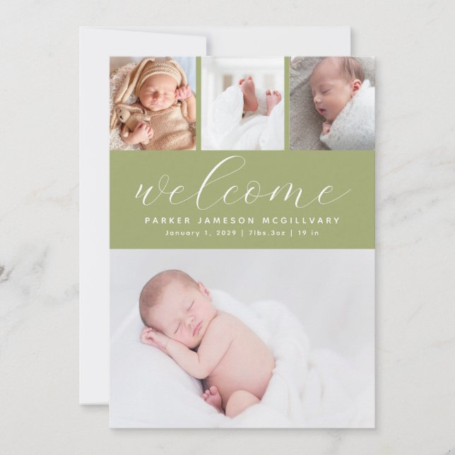 Sage Green Welcome Photo Collage Baby Birth Announcement (Front)