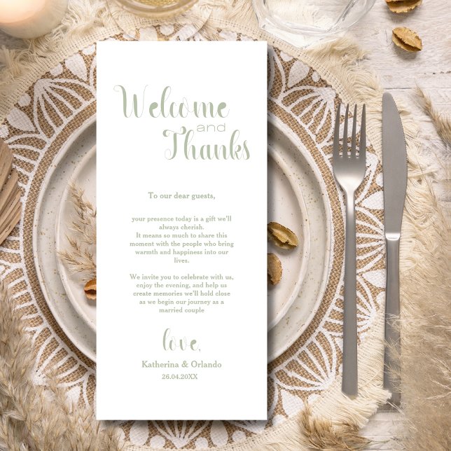 Sage Green Welcome & Thanks Place Setting Cards (Creator Uploaded)