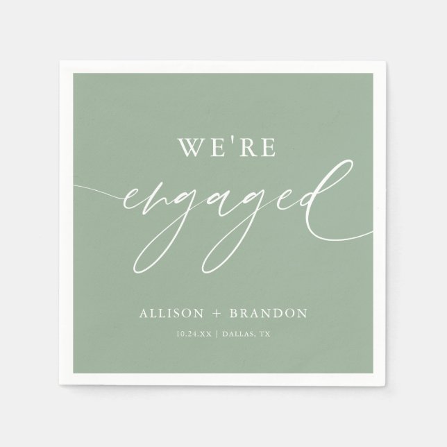 Sage Green We're Engaged Engagement Party Napkins (Front)