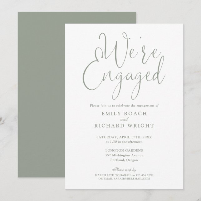 Sage Green We're Engaged Script Engagement Party Invitation (Front/Back)