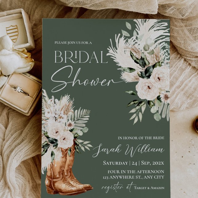 Sage Green Western Boots Bridal Shower Invitation (Sage Green Western Boho Boots Cowgirl Bridal Shower Invitation Card)