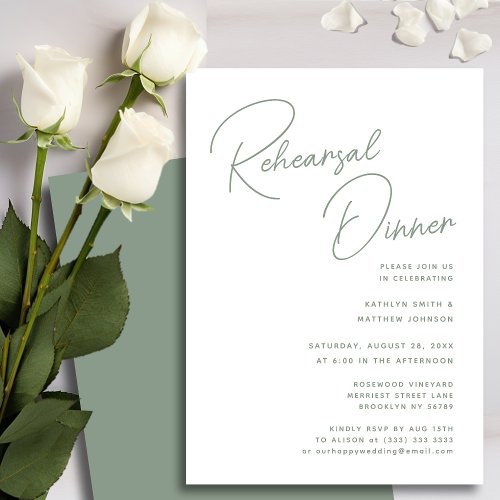 Sage Green Whimsical Script Chic Rehearsal Dinner Invitation