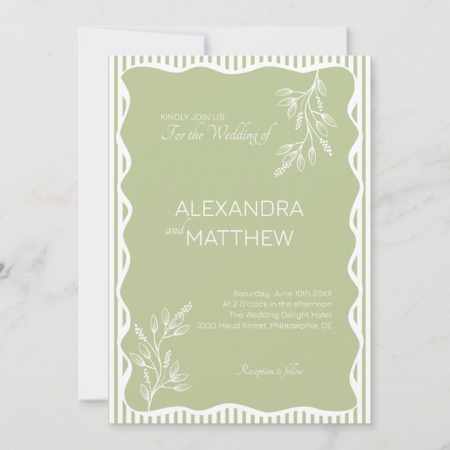Sage Green Whimsical Wavy Border Wedding Invitation (Front)