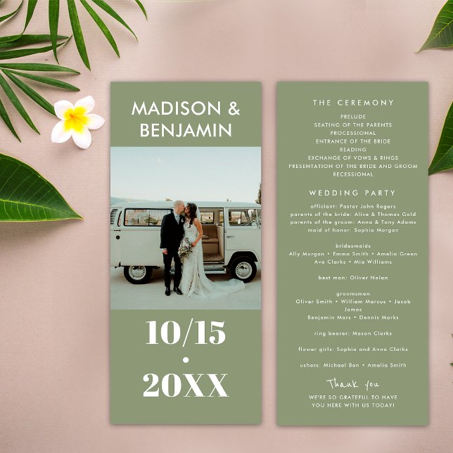 Sage Green White 1 Photo Bold Minimalist Wedding Program (Front / Back)