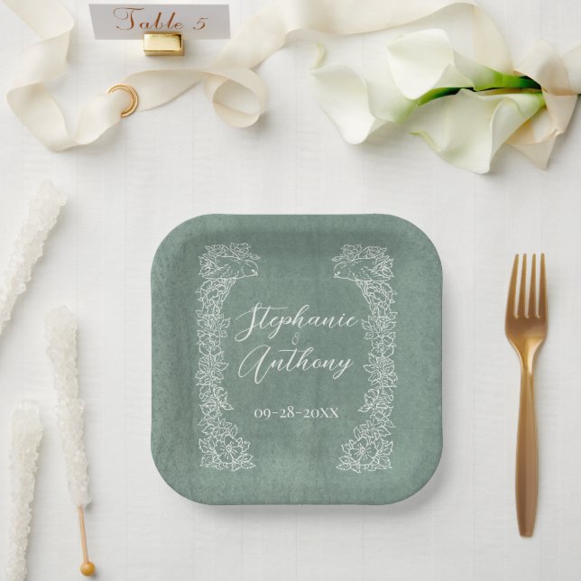 Sage Green White Bird Wildflower Border Pretty Paper Plates (Wedding)