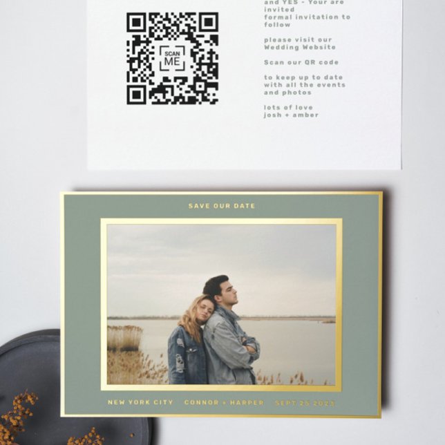 Sage Green White Border Gold save our date Foil Invitation (Creator Uploaded)