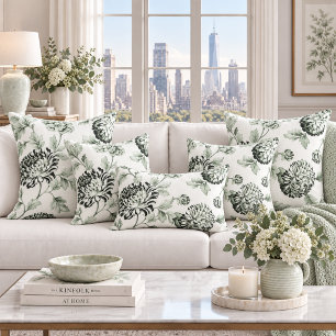 Sage Green & White Botanical Floral Toile No.2 Throw Pillow
