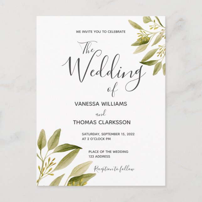 Sage green white botanical wedding invitation postcard (Front)