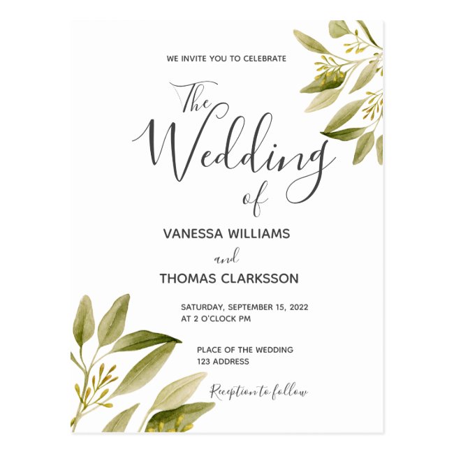 Sage green white botanical wedding invitation postcard