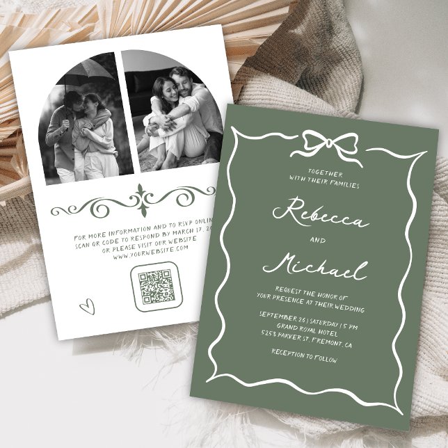 Sage Green White Bow QR Code Photo Wedding Invitation (Creator Uploaded)