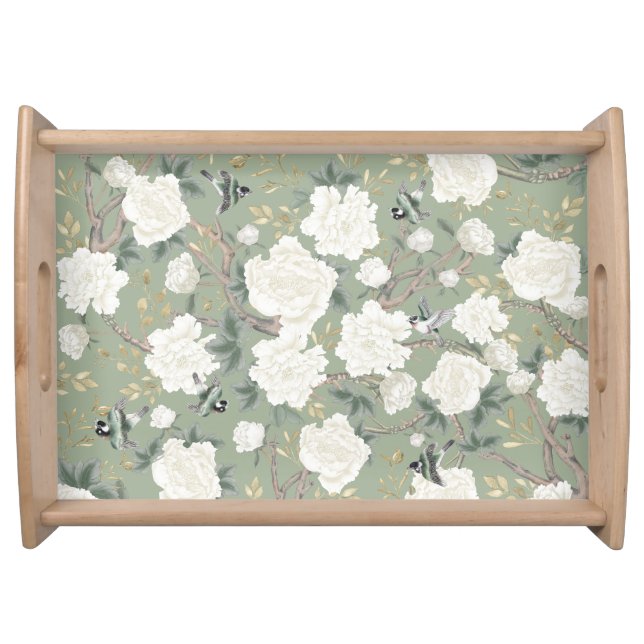 Sage Green White Chinoiserie Floral Birds Garden Serving Tray (Front)