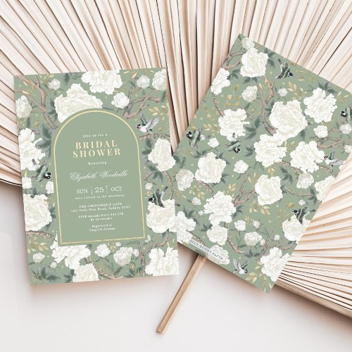 Sage Green White Chinoiserie Floral Bridal Shower Invitation