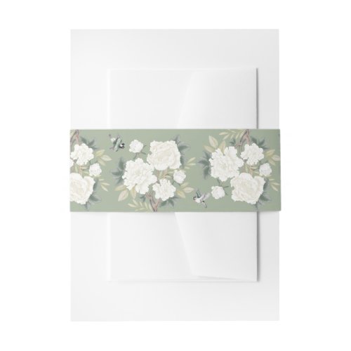 Sage Green White Chinoiserie Floral Wedding Invitation Belly Band