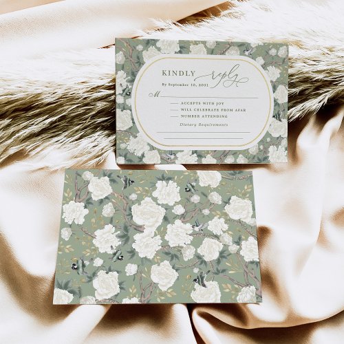 Sage Green White Chinoiserie Floral Wedding RSVP Card