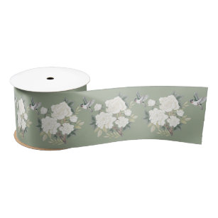 The Ribbon People Sage Green and Cream White Floral Ribbon 1.5 x