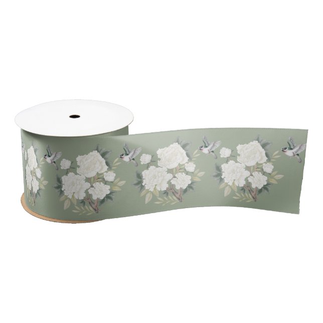Sage Green White Chinoiserie Porcelain Floral Bird Satin Ribbon (Spool)