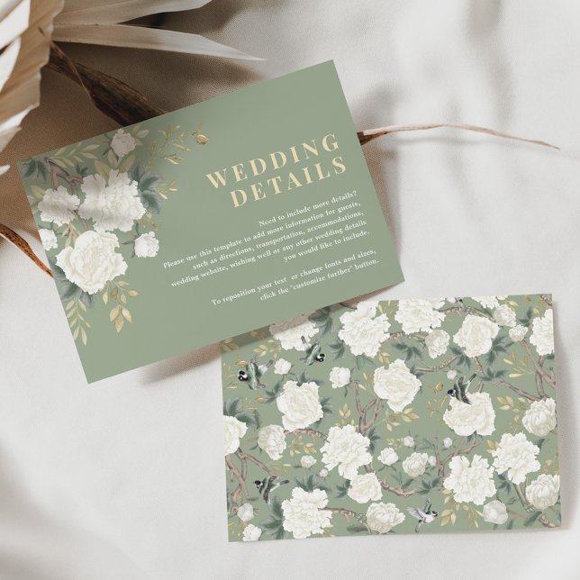 Sage Green White Chinoiserie Wedding Details Enclosure Card (Creator Uploaded)