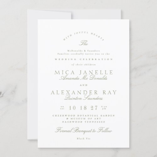 Sage Green White Classic Elegant Formal Wedding Invitation