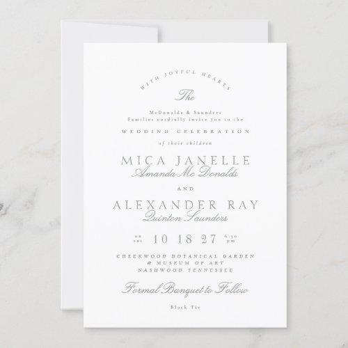 Sage Green White Classic Elegant Formal Wedding Invitation
