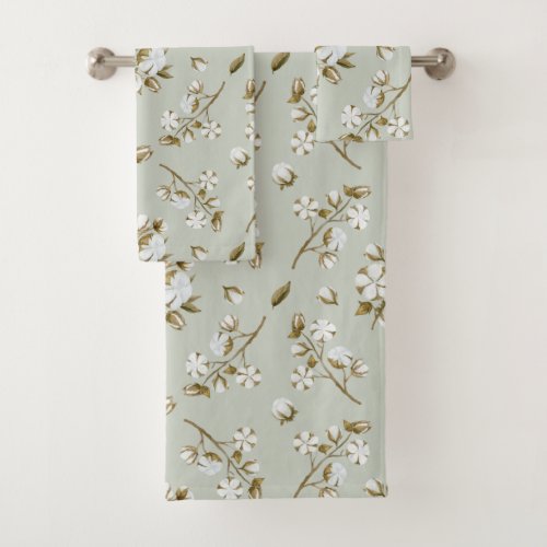 Sage Green  White Cotton Boll Stem Watercolour Bath Towel Set