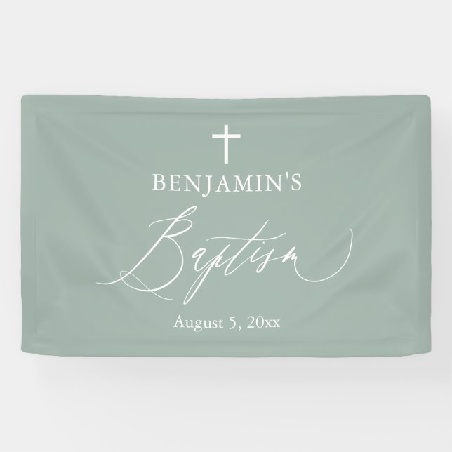 Sage Green White Cross Boy Baptism Backdrop Banner (Horizontal)