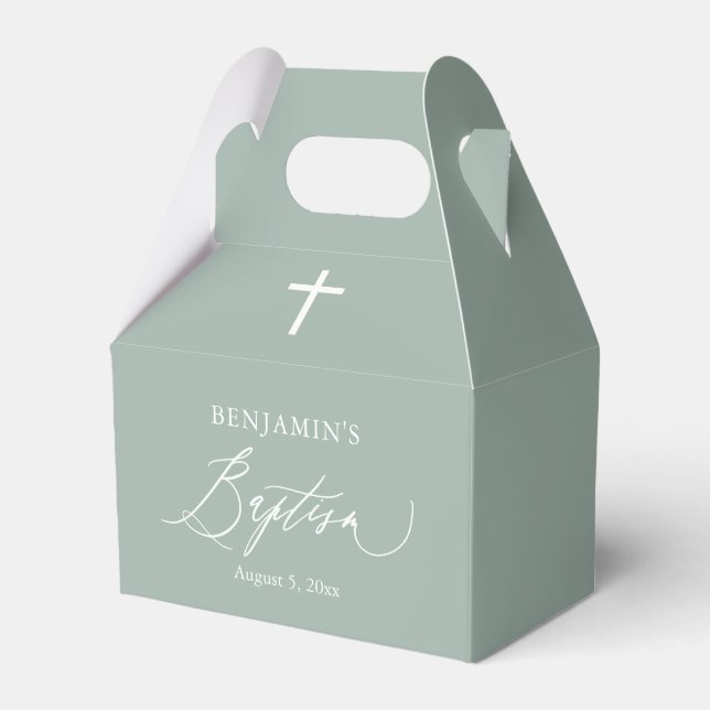 Sage Green White Cross Boy Baptism Favor Box (Front Side)