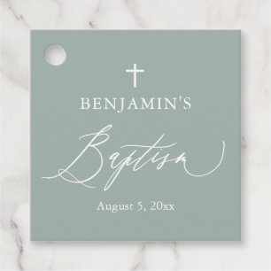 Sage Green White Cross Boy Baptism Favor Tag