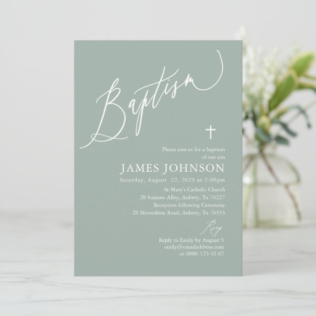 Sage Green White Cross Boy Baptism Invitation (Standing Front)