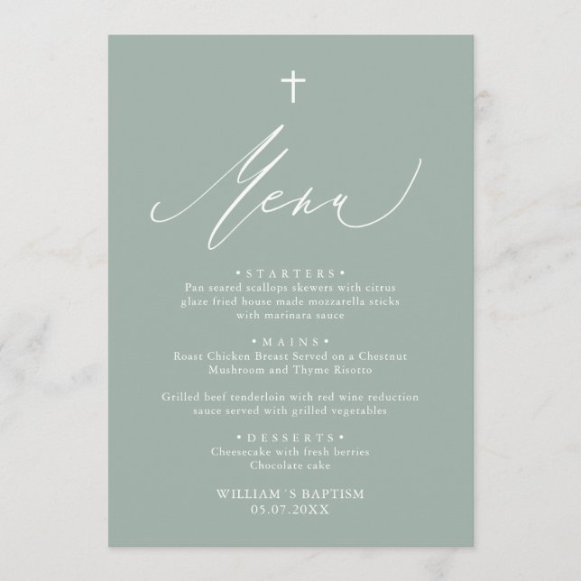 Sage Green White Cross Boy Baptism Menu Card (Front)