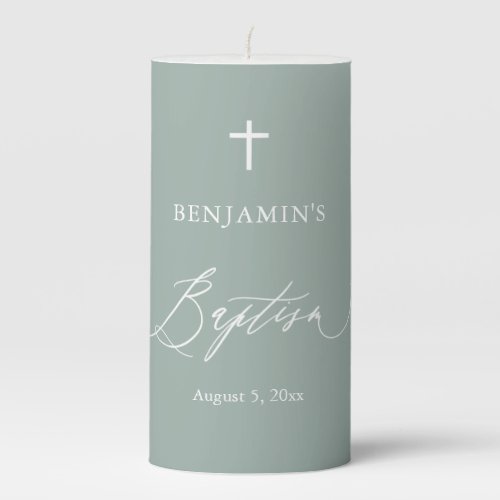 Sage Green White Cross Boy Baptism Pillar Candle