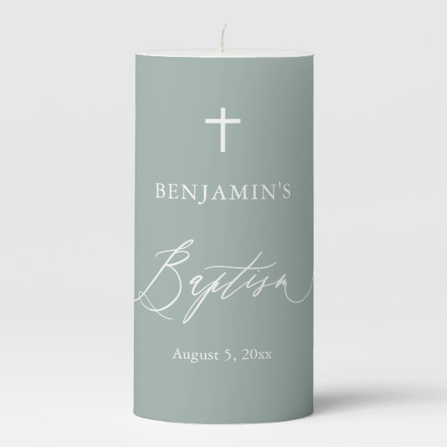 Sage Green White Cross Boy Baptism Pillar Candle (Front)
