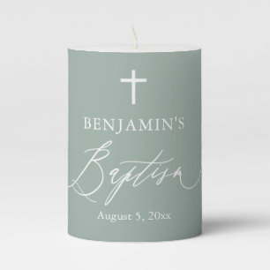 Sage Green White Cross Boy Baptism Pillar Candle