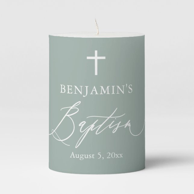 Sage Green White Cross Boy Baptism Pillar Candle (Front)
