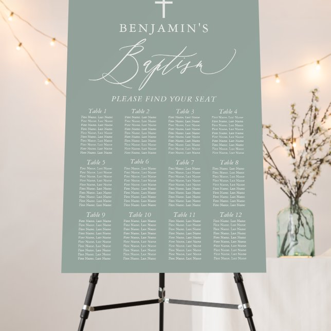 Sage Green White Cross Boy Baptism Seating Chart  Foam Board (In Situ (Stand))