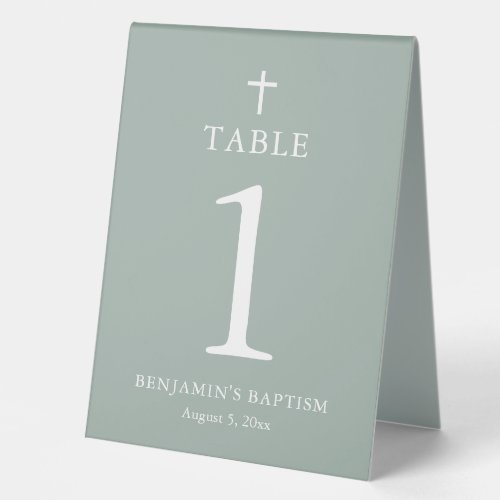 Sage Green White Cross Boy Baptism Table Tent Sign