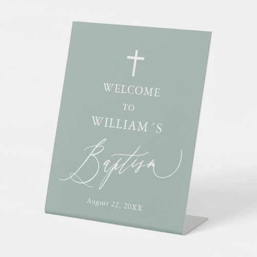Sage Green White Cross Boy Baptism Welcome Sign