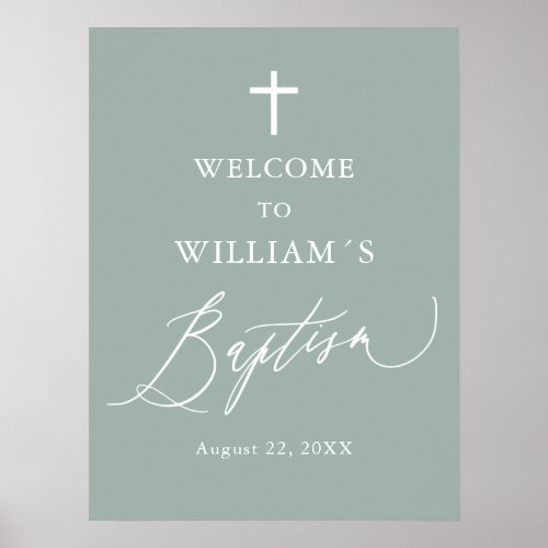 Sage Green White Cross Boy Baptism Welcome Sign