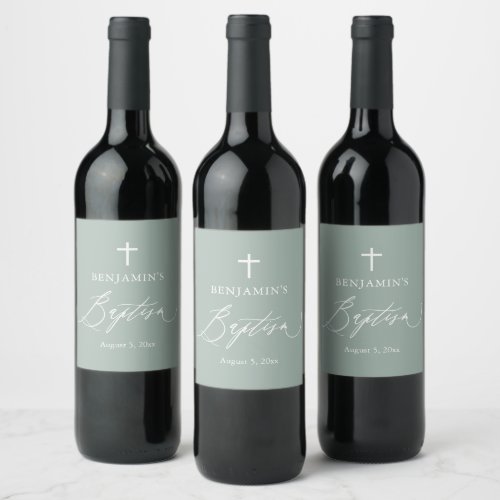 Sage Green White Cross Boy Baptism Wine Label