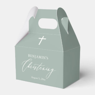 Sage Green White Cross Boy  Christening Favor Box