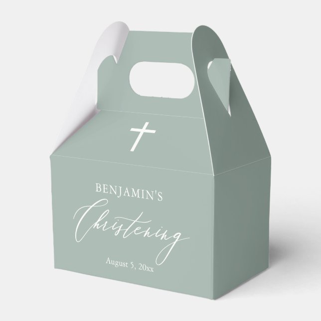 Sage Green White Cross Boy  Christening Favor Box (Front Side)