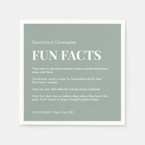 Sage Green white Custom fun fact list Wedding  Napkins