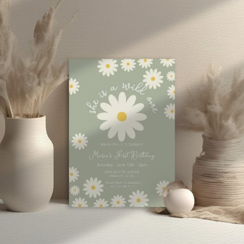 Sage Green White Daisy She is a Wild ONE Birthday  Invitation