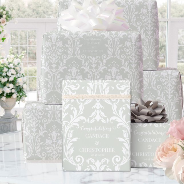 Sage Green White Damask Add Name & Congratulations Wrapping Paper (Creator Uploaded)