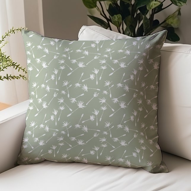 Sage Green White Dandelion Seed Pattern Throw Pillow (Creator Uploaded)