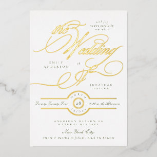 Sage Green White Elegant Calligraphy Wedding Gold Foil Invitation