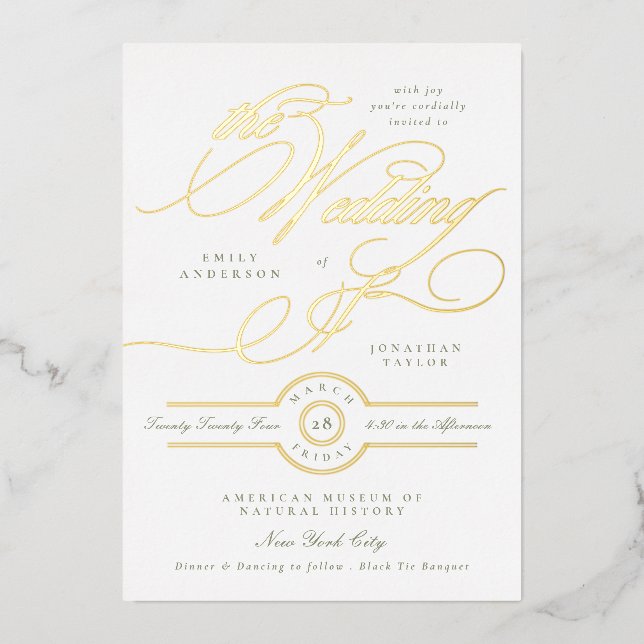 Sage Green White Elegant Calligraphy Wedding Gold Foil Invitation (Front)