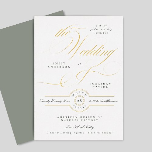 Sage Green White Elegant Calligraphy Wedding Gold Foil Invitation